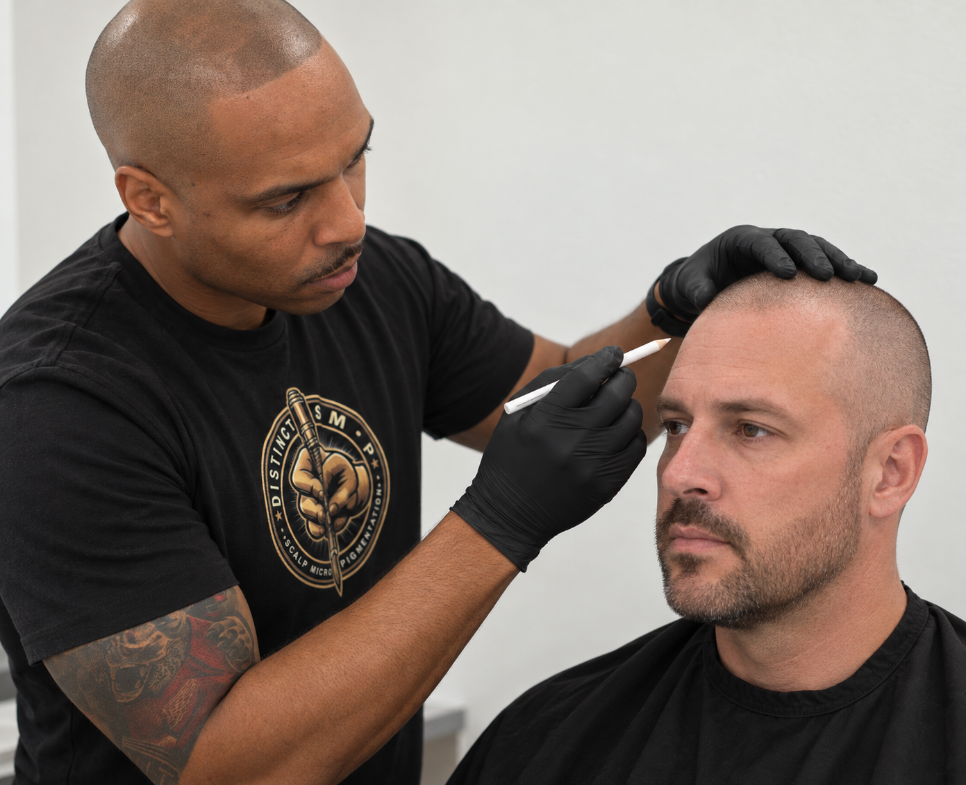 Don Whyte mapping a client’s hairline before a scalp micropigmentation procedure at Distinct SMP.
